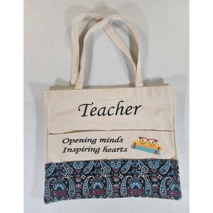 Teacher Canvas Tote Bag Beige Paisley Pocket Shoulder Book‎ Bag Magnetic Snap